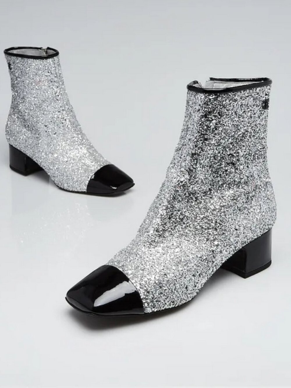 Chanel Silver Glitter black Cap Toe Ankle Boots